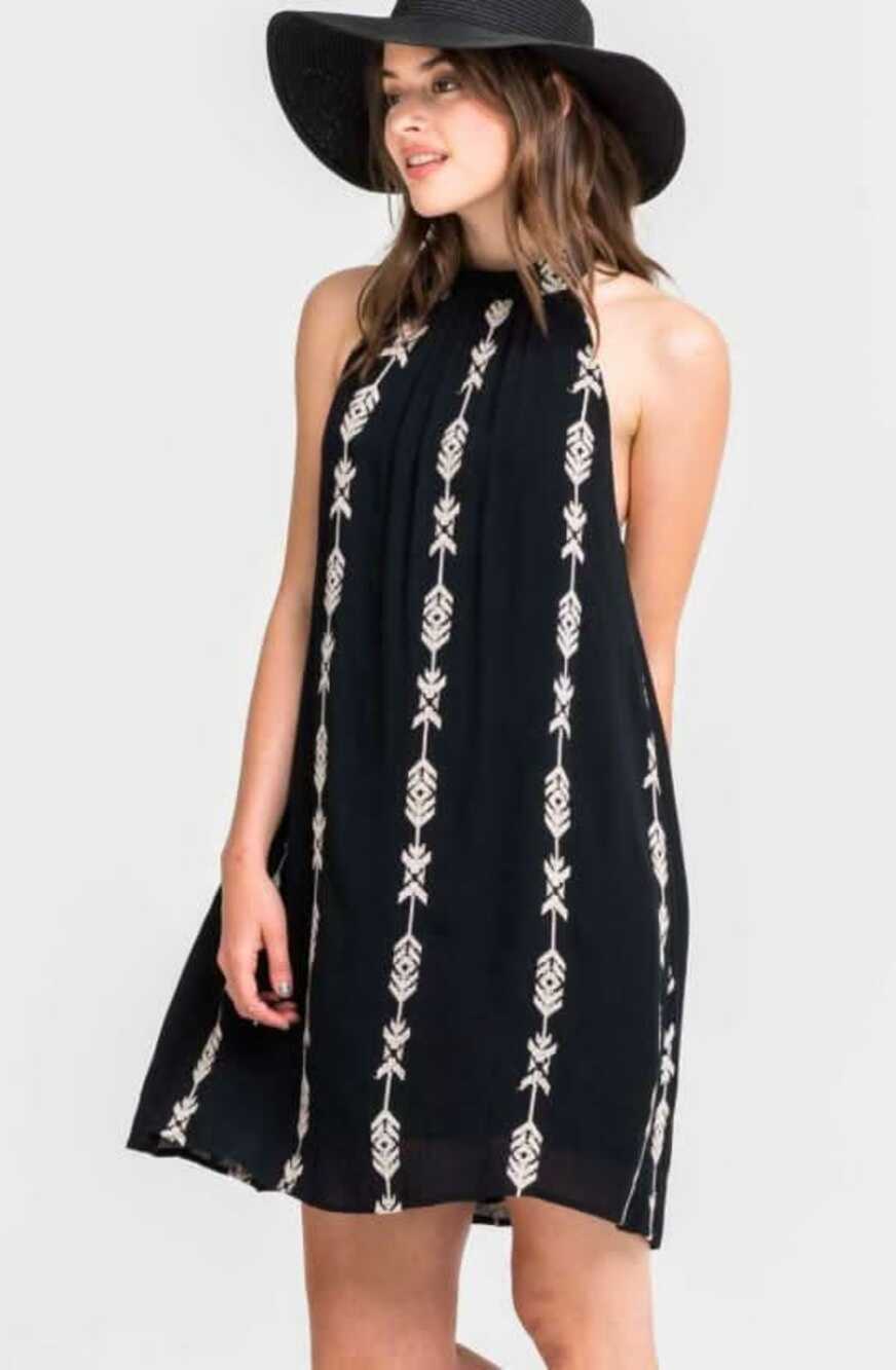 Lush Boho Halter Dress Sz Med Black Embroidered Shift Festival Cowgirl Flowy LBD